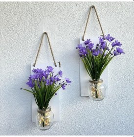 Resim Led Işıklı, Lila Nergis Çiçekli Duvar Dekoru Beyaz İkili Set Beyaz 