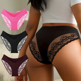 Resim 3 Parça Dikişsiz Kontrast Dantel Külot, Kadınlar İçin Nefes Alabilen Esnek Bikini 