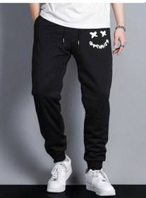 Resim Expression Print Drawstring Waist Eşofman Altı Siyah 