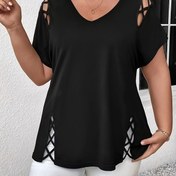 Resim Artı Boyutlu - Artı Boyutlu - Zarif Artı Boyutlu Kadın Üst T-Shirt - Kırmızı Kısa Kollu Çapraz Detaylı, V Yaka, Orta Esnek Kumaş, Tüm Mevsimler İçin Mükemmel 
