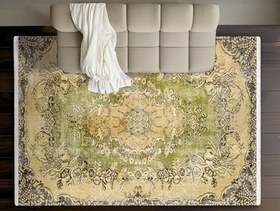 Resim Yeşil Oryantal Modern Geometrik Etnik Eskitme Desenli Boho Makinada Yıkanabilir Hafif Hav Toz Vermez Leke Tutmaz Kaymaz Taban Dijital Makine Baskı Halı Oturma Odası Salon Yolluk Koridor Mutfak Halısı 