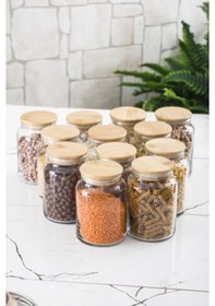 Resim 12 Li Set Bambu Kapaklı Cam Kavanoz &amp Erzak Saklama Kabı 800 Ml Orta Boy Vakum Kapak Şeffaf 