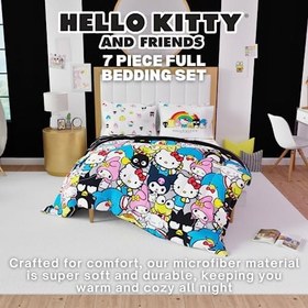 Resim Franco Sanrio Hello Kitty & Friends Nevresim Takımı 7 Parça Süper Yumuşak Yorgan ve Çarşaf Seti, Şamlı, Tam, (%100 Resmi Lisanslı Ürün) Koleksiyon Ürünleri 
