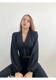 Resim Mois Atelier Siyah Crop Top Bluz Gömlek, Tasarım, Hediye, Büyük Beden Siyah 