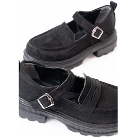 Resim Siyah Süet Kadın Günlük Yüksek Tabanlı Loafer Ayakkabı Siyah 