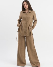 Resim VELİZADE Konfor Modeli Oversize Vizon Yanı Büzgülü Viskon Kumaş Boyfriend Gömlek Uzun Tesettür Gömlek 
