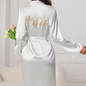 Resim Kadınlar için Altın "BRIDE" Nakışlı Zarif Beyaz Saten Bornoz - V-Yaka Uzun Uyku Elbisesi Kemerli, Düğünler ve Resmi Günler İçin Mükemmel, Rahat Polyester Kumaş, Özel Etkinlik Elbisesi | Zarif Uyku Giyimi | Pürüzsüz Dokulu, Uyku İçin Bornoz 
