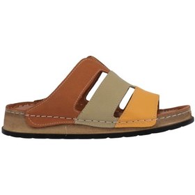 Resim Napa Shoes Hakiki Deri Üç Bantlı Çok Renkli Ortopedik Kadın Terlik Napa-303 Taba 