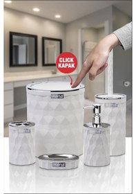 Resim Okyanus Home Diamond Beyaz Kromlu Click Kapak 5'li Banyo Seti 
