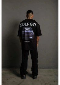 Resim Modi Green Baskılı Erkek Siyah Golf Gtı Retro Araba Desenli, Ön - Arka Dij 