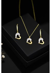 Resim Papatya Silver 925 Ayar Gümüş Gold Kaplama Sedef Mineli Kalp Kolye ve Küpe Kadın Set UVPTS600004 