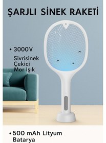 Resim Şarjlı Elektrikli Sinek Raketi 3000v Uv Işıklı Güvenli 3 Katmanlı Haşere Kovucu Cihaz 