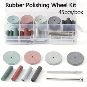 Resim 45 adet/ Kutu Taşlama ve Parlatma Tekerlek Seti, 20 Lab Kauçuk Parlatma Tekerleği, 20 Kauçuk Bur, 5 Shank Çap HP2.35MM, Çalışma Parçası Taşlama ve Parlatma için, Mikromotor için 