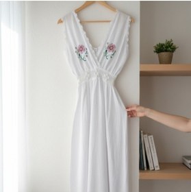 Resim CESSTORE %100 Pamuk Buldan Bezi Dantelli El Emeği Nakışlı Kruvaze Uzun Plaj Elbisesi, Günlük Elbise 