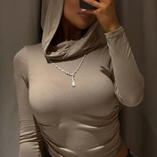 Resim Solid Color Hooded Cropped Top, Y2K Uzun Kollu Dar Kesim Üst, Kadın Giyim 