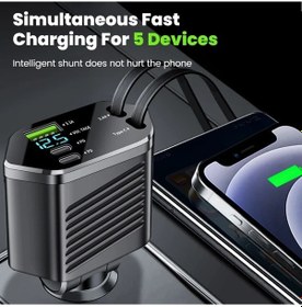 Resim Wangxi Siyah 120w Araç Şarj Cihazı Usb Çift Type C 70cm Geri Çekilebilir Hızlı Şarj Kablosu Ekranlı Adaptör 