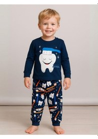 Resim Zekids Erkek Çocuk Pamuklu Diş Baskılı Pijama Takımı-16050 Lacivert 