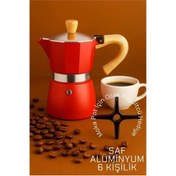 Resim shopwave Italyan Moka Pot - 6061 Saf Alüminyum Ahşap Saplı - 6 kişilik KIRMIZI 