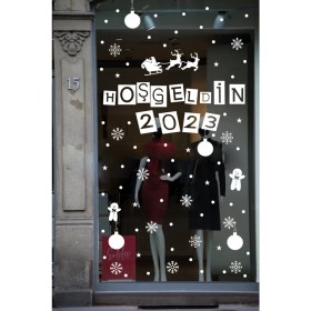 Resim Hoşgeldin 2023 Yılbaşı Happy New Year Özel Yeni Sticker Çıkartma Süsü Özel Yeni Yıl Parti Cam Noel Ağacı Kar Tanesi 
