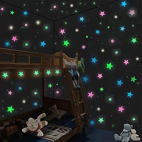 Resim 200 adet DIY Floresan Dekoratif Duvar Stickerı Kendinden yapışkanlı Duvar Stickerı 3D Yıldız Gökyüzü Atmosferi İç Mekan Duvar Stickerı İç Dekorasyon Aksesuarları 