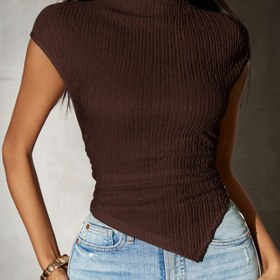 Resim Kadınların Şık Yüksek Boyunlu Asimetrik Etek Düşük Omuzlu Kısa Kollu T-Shirt 