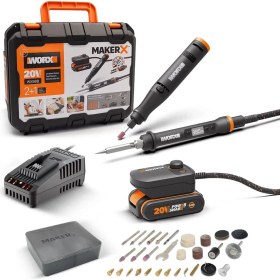 Resim WX988 Makerx 20VOLT 2.0AH. Kömürsüz Profesyonel Kalem Tipi Devir Ayarlı Gravür Seti + Kalem Tipi Dijital Lehim ve Ahşap Yakma Seti + 46 Parça Aksesuar 