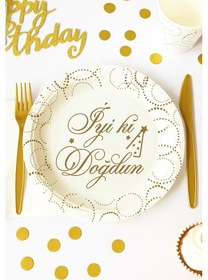 Resim Tabak Elegant İyi Ki Doğdun Beyaz Noktalı 23cm 6lı Lüks Doğum Günü Tabağı 