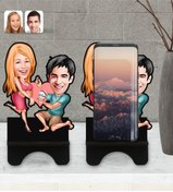 Resim Bk Gift Kişiye Özel Sevgililer Karikatürlü Ahşap Biblo Telefon Standı 19 