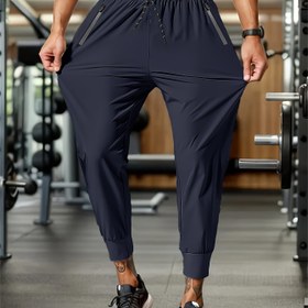 Resim Erkekler için Hızlı Kuruyan Nefes Alabilen Düz Renk Jogger Pantolonlar - Dış Mekan Koşu için Rahat Günlük Spor Pantolonlar, İlkbahar/Sonbahar, Polyester ve Elastan Karışımı, Jogging Pantolonları, Dağ, Esnek Bel Bandı 