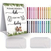 Resim 1 set DIY çocuk önlük tasarım kiti, cinsiyet açıklama oyun seti içerir: 1 kağıt hayvan etiket kartı, 10 beyaz boş önlük ve 24 marker. Çocuk duş partisi hediyeleri için uygun 