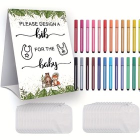 Resim 1 set DIY çocuk önlük tasarım kiti, cinsiyet açıklama oyun seti içerir: 1 kağıt hayvan etiket kartı, 10 beyaz boş önlük ve 24 marker. Çocuk duş partisi hediyeleri için uygun 
