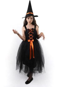 Resim Kız Çocuk Turuncu Şeritli Halloween Cadı Kostümü Kız Çocuk Cadı Elbisesi Doğum Günü Parti Elbisesi 