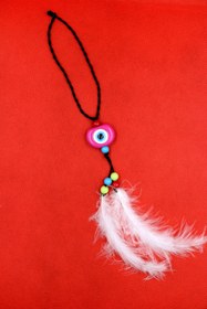 Resim BsElektronik Oto Dikiz Aynası Süsü Pembe Nazar Boncuklu Kuş Tüylü Tasarım 1 Adet 