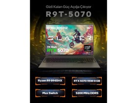 Resim Game Garaj Slayer R9T-5070 C7 Amd Ryzen 9 8945HX 16GB Ram 1tb SSD RTX5070 16" 300Hz Qhd+ Freedos Gaming Laptop 