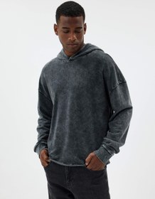 Resim Oversize Sweatshirt Yıkamalı Basic Uzun Kollu Kapşonlu Pamuk Karışımlı 