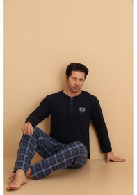 Resim Wordex Flkn 7015 İnterlok Kışlık Ekose Pijamalı Erkek Pijama Takımı Lacivert 