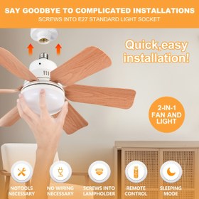 Resim Entegre LED Işıklı Ahşap Desenli Akıllı Tavan Vantilatörü | Uzaktan Kumandalı | E27/E26 Bağlantı Noktası | 3 Hız Ayarlı | Vidala Kurulum Kolaylığı | Dimlenebilir Aydınlatma | Yatak Odası, Mutfak, Balkon için İdeal | Kablolama Gerektirmez, Akıllı Tavan Fanı 