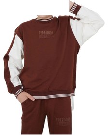 Resim Erkek Çocuk Freedom Yazılı Beyaz Şerit Detaylı Kahverengi Renk Oversize Kalıp Eşofman Takımı Kahverengi 