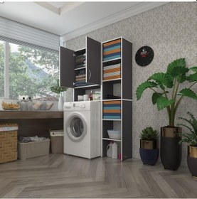 Resim Kenzlife Çamaşır Makinesi Dolabı Sinemmaks Gri 180 096 30 Banyo Kapaklı Arkalıklı Raflı Çok Renkli 