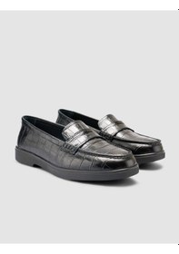 Resim %100 Hakiki Deri Siyah Croco Desen Kadın Loafer Siyah 