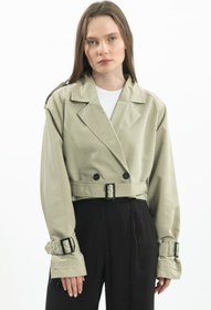 Resim Oversize Kısa Kruvaze Kesim Kemerli Trençkot 7701 - Yeşil - Su Yeşili / S 