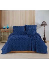 Resim Çift Kişilik Yatak Örtüsü Takımı 240x240 Cm + 2 Yastık Kılıfı + 1 Kırlent Kılıfı Lacivert 