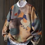 Resim Kadınların Zarif Yaprak Desenli Kazak - Bol Kesim, Uzun Kollu Yuvarlak Yaka Kazak, Canlı Renk Blok Tasarımı, Rahat Sonbahar ve Kış Üstü, Rahat Giyim|Canlı Desenli Üst|Esnek Kumaş 