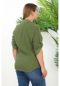 Resim Lady Majestic %100 Cotton Büyük Beden Kadın Müslin Kumaş Gömlek Haki 