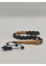 Resim Usta İşcilikli Abanoz Ağacı Tesbih 7 11 Mm Arpa Kesim Takımlı Sistemli Püskül Kahverengi - Siyah 
