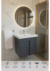 Resim Magma Antrasit 50 Cm, Led Aynalı, Banyo Dolabı Seti, Seramik Lavabo Dahil, Mdf, Led'li Beyaz 