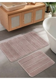 Resim Doğal Kaymaz Taban Banyo Paspas Set Yumuşak Dokulu Su Emici Yıkanabilir Yeni Çizgili Set 50x80-50x40 Vizon 