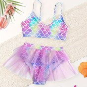 Resim 1 set Kızlar Denizkızı Desenli File Etek 2 parça Mayo, Tatil Stili, V Yaka, İnce Askı, Esnek Kumaş, Örgü, Polyester ve Spandex, Balık Desenli, Çocuklar Mayo Seti 