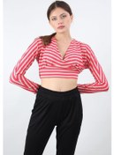 Resim Alexandergardı Çizgili Crop Bluz, Bej-Pembe (B19-153401) 