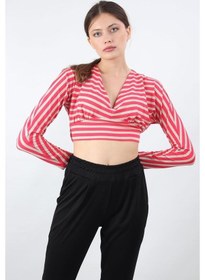 Resim Alexandergardı Çizgili Crop Bluz, Bej-Pembe (B19-153401) 